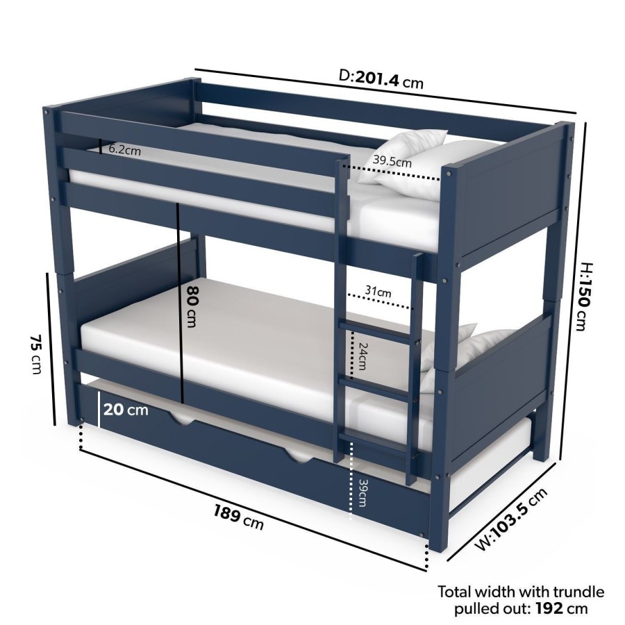 GRADE A2 - Navy Wooden Detachable Bunk Bed with Trundle - Luca