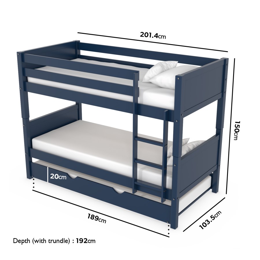 GRADE A1 - Navy Blue Wooden Detachable Bunk Bed with Trundle - Luca