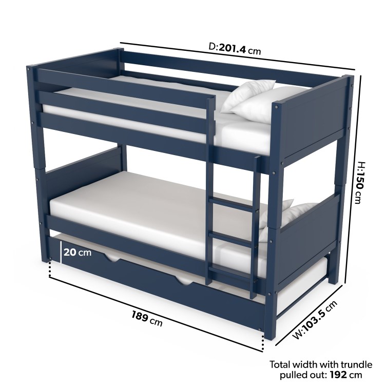 Navy Wooden Detachable Bunk Bed with Trundle - Luca