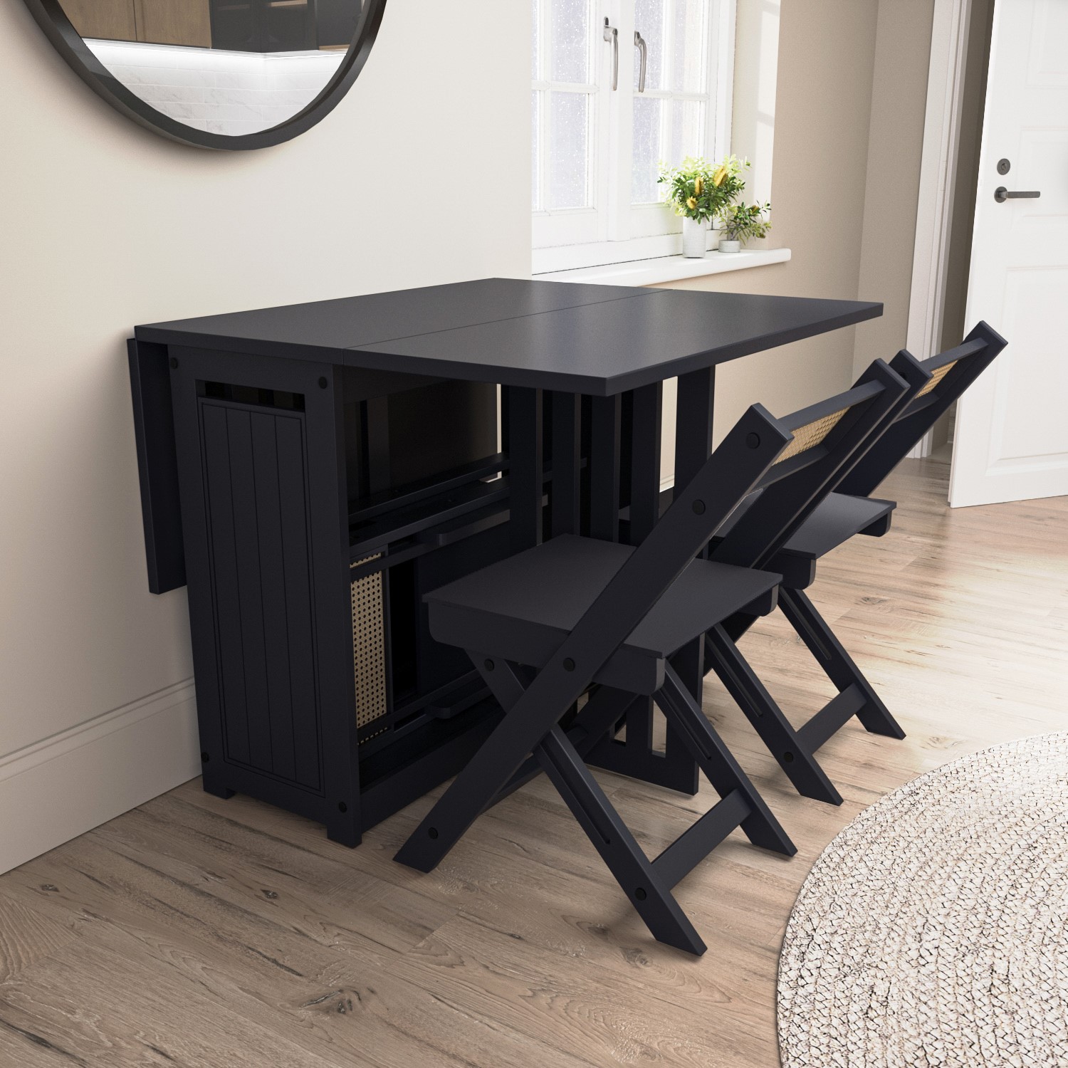 Dark Grey Folding Dining Table and Chairs with Rattan Detail - Seats 4 ...