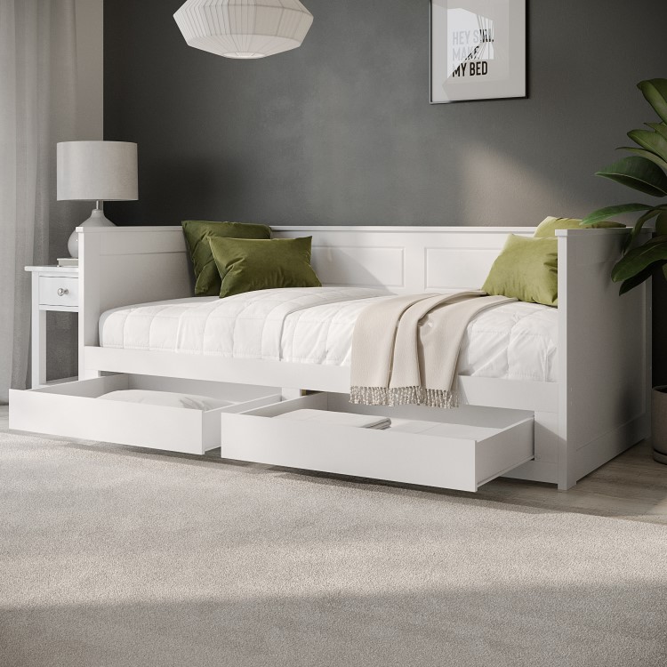 Single Wooden Day Bed with Trundle and Storage in White - Lincoln