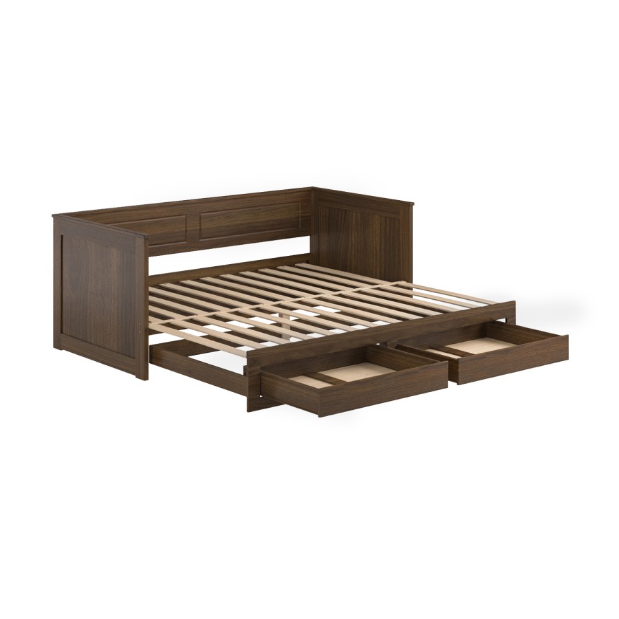 Double Wooden Day Bed with Trundle and Storage in Walnut - Lincoln