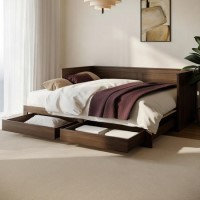Double Wooden Day Bed with Trundle and Storage in Walnut - Lincoln