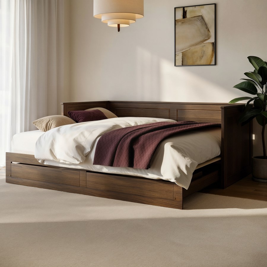 Double Wooden Day Bed with Trundle and Storage in Walnut - Lincoln