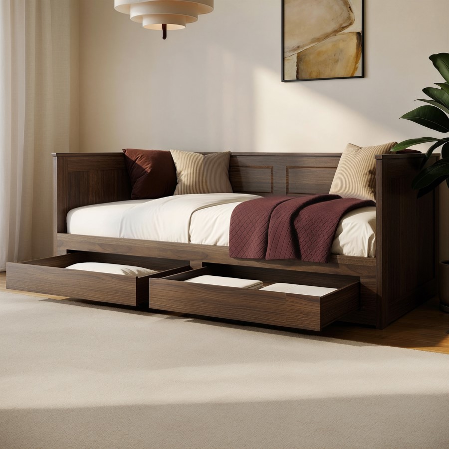 Double Wooden Day Bed with Trundle and Storage in Walnut - Lincoln