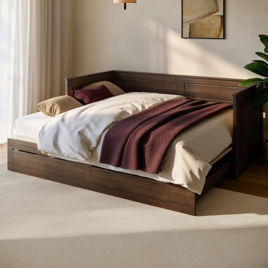 Double Wooden Day Bed with Trundle and Storage in Walnut - Lincoln