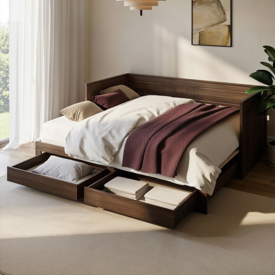 Double Wooden Day Bed with Trundle and Storage in Walnut - Lincoln