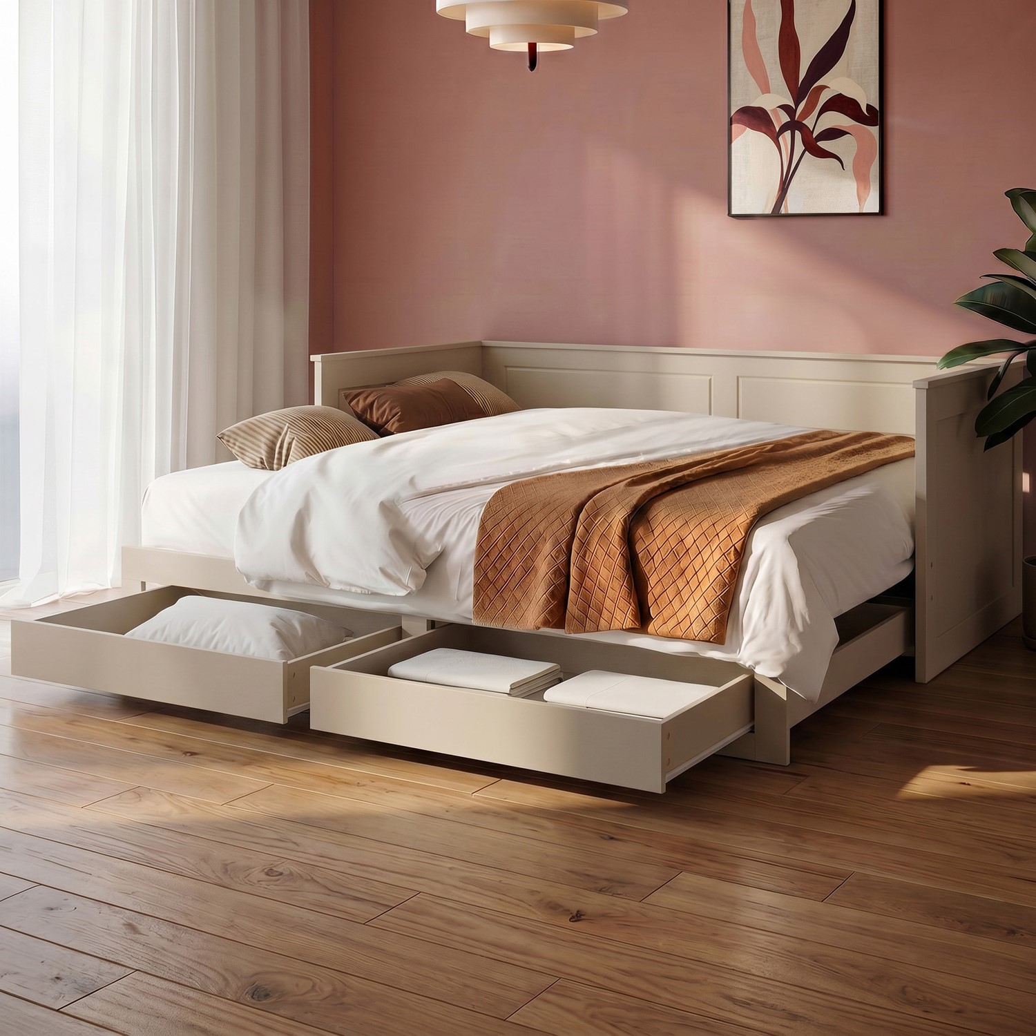 Double Wooden Day Bed Trundle Storage