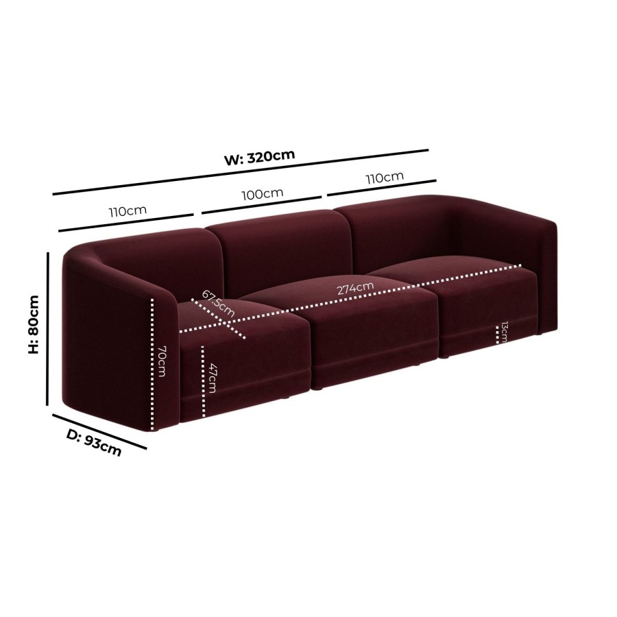 Burgundy Velvet Modular 4-Seater Sofa - Laine  