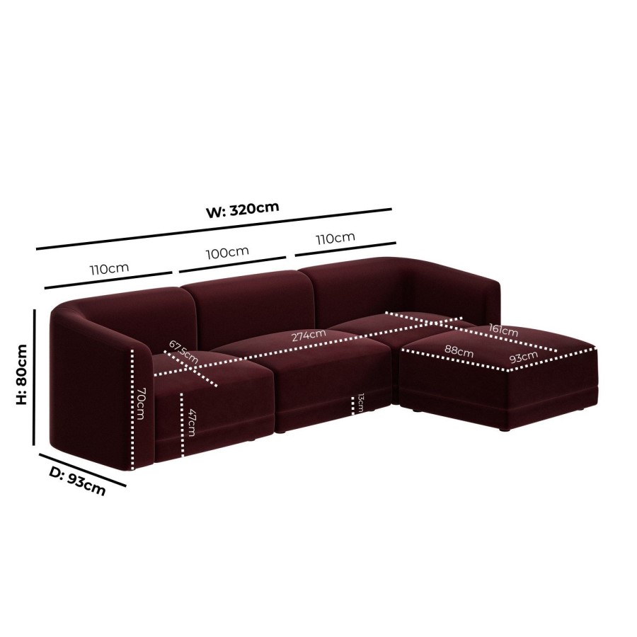 Large Burgundy Velvet Modular 4-Seater Chaise Corner Sofa - Laine 