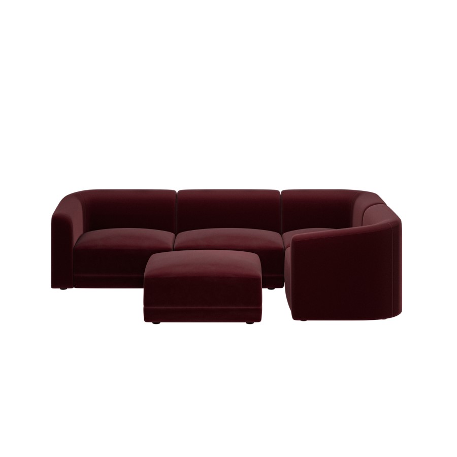 Large Burgundy Velvet Curved Modular 5 Seater Corner Sofa - Laine