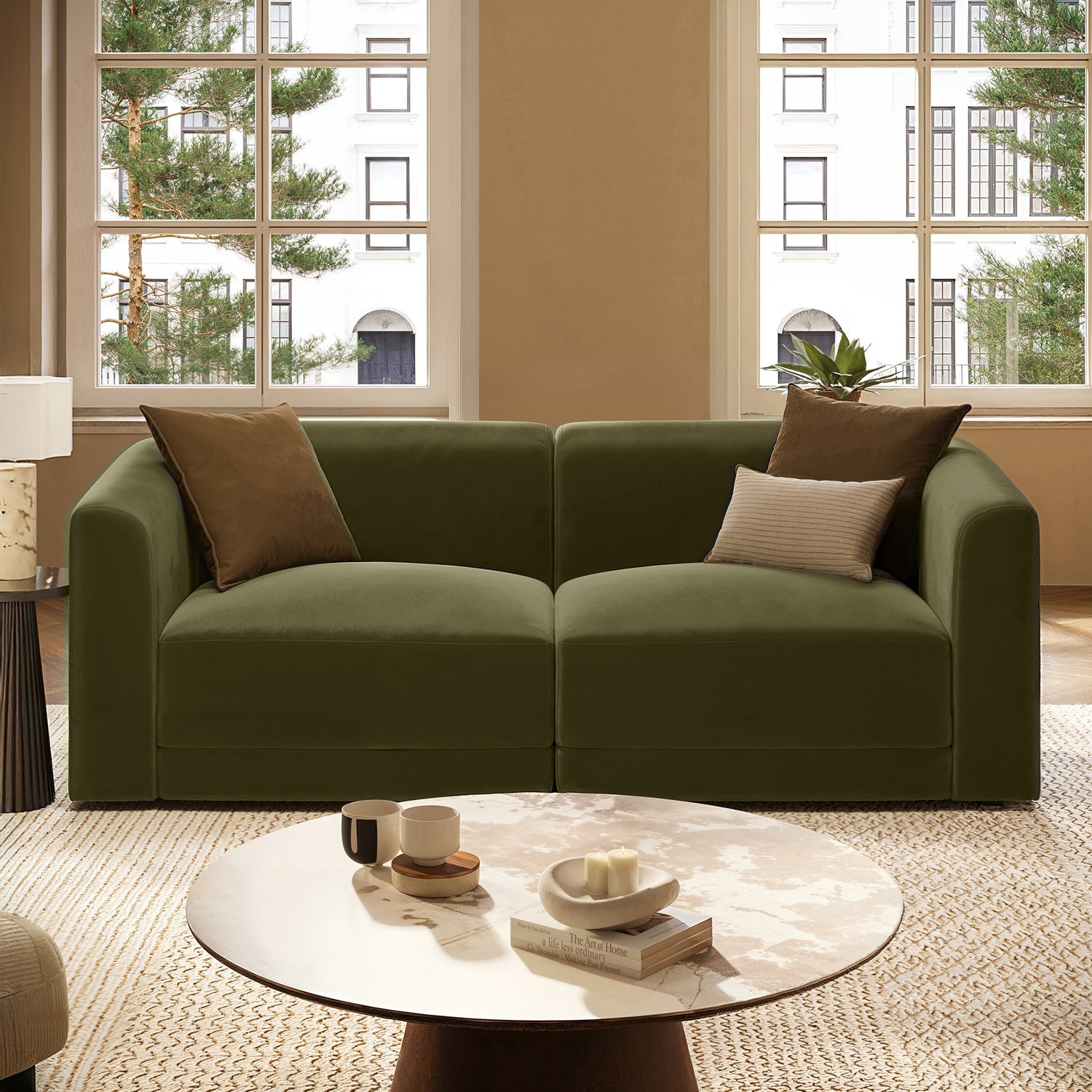 Olive Green Velvet Curved Modular 3 Seater Sofa