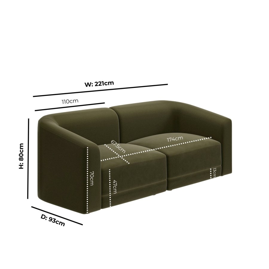 Moss Green Velvet Modular 3-Seater Sofa - Laine 
