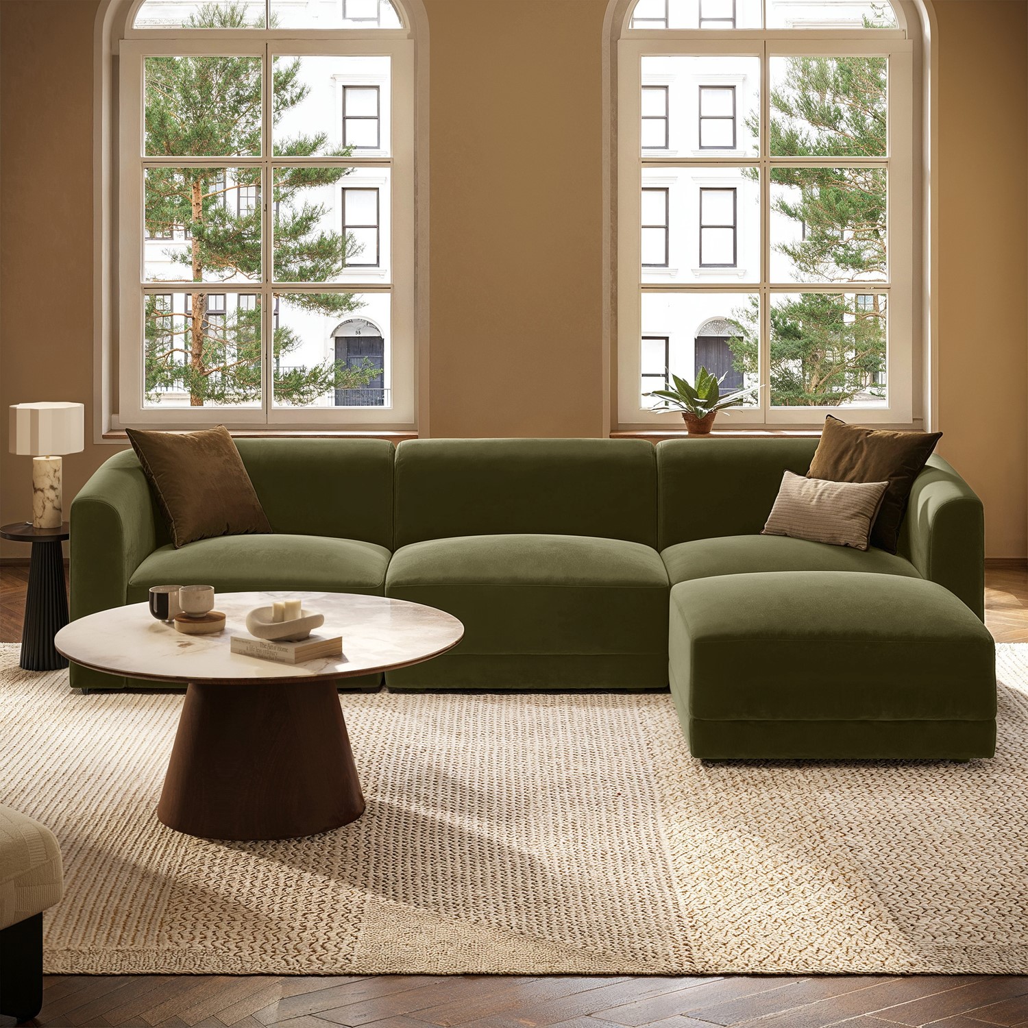 Large Olive Green Velvet Curved Modular 4 Seater Chaise Corner Sofa