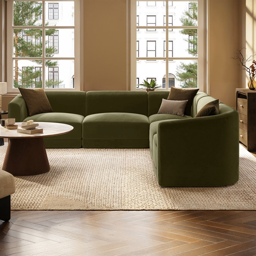 Large Olive Green Velvet Curved Modular 5 Seater Corner Sofa - Laine