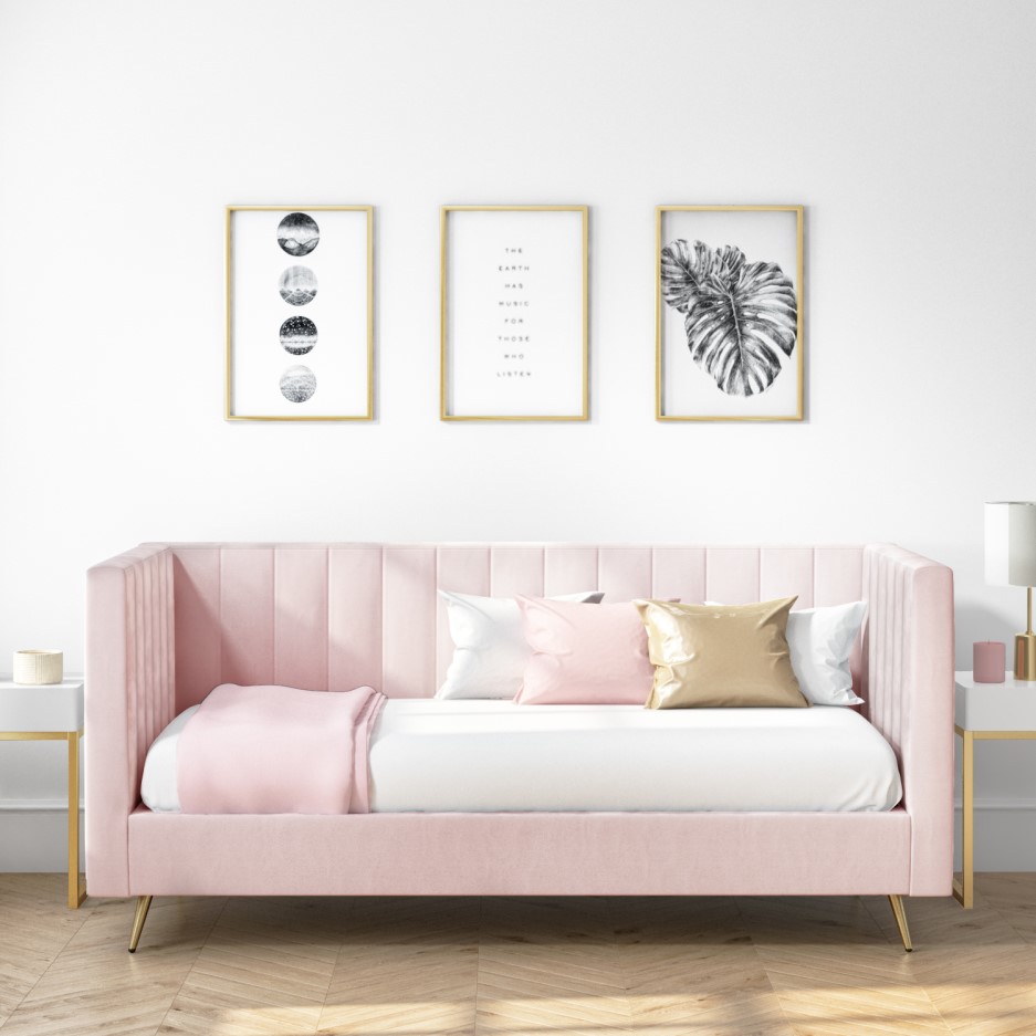 Single Day Bed in Baby Pink Velvet Lennox Furniture123