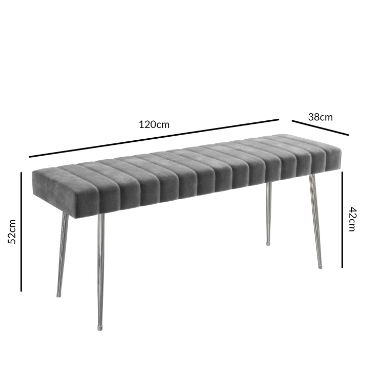 Large Grey Velvet Dining Bench with Chrome Legs - Seats 2 - Logan