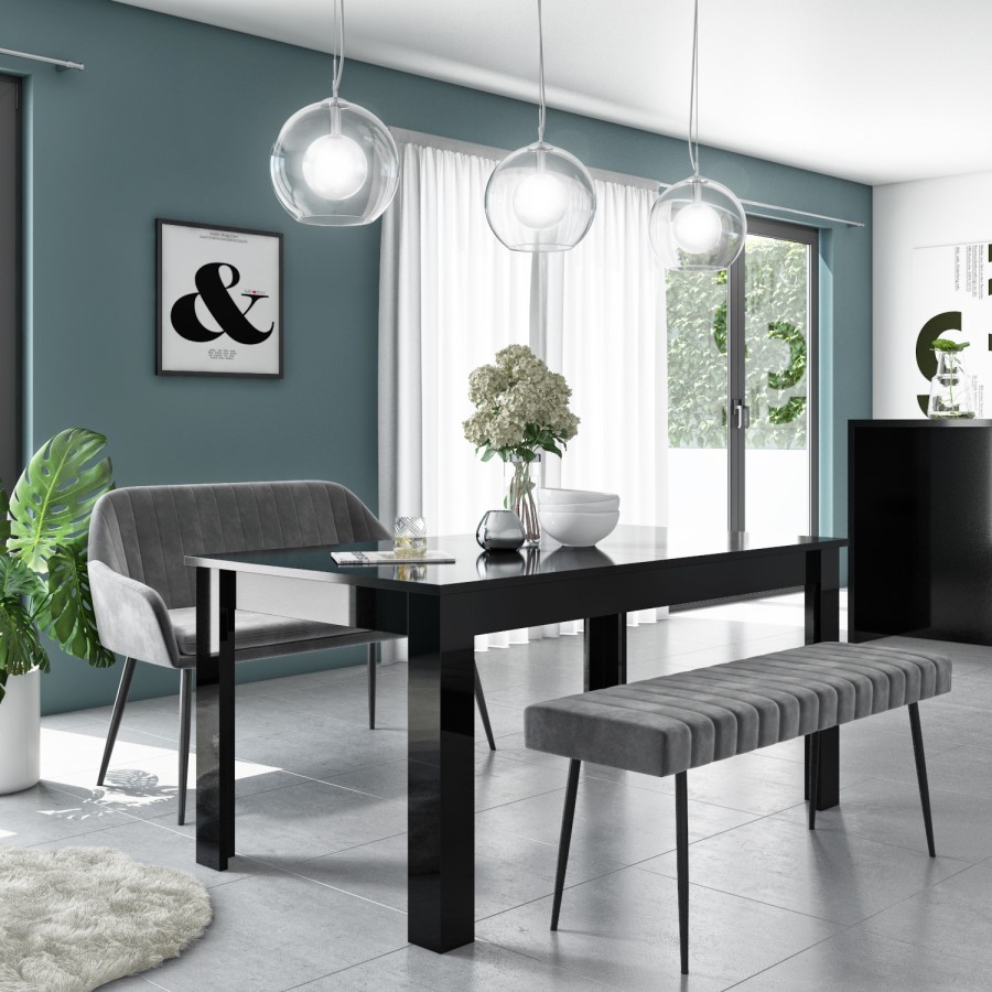 GRADE A2 - Grey Velvet Dining Bench with Black Legs and High Back - Seats 2 - Logan