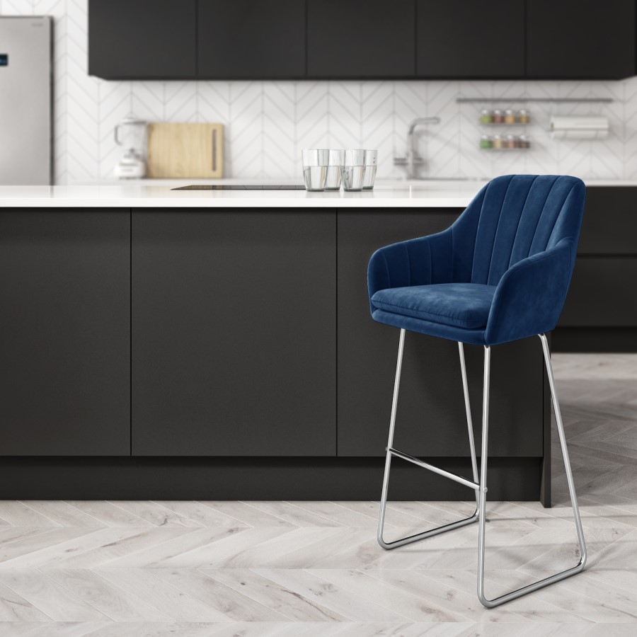 GRADE A2 - Navy Blue Velvet Bar Stool with Arms - Logan
