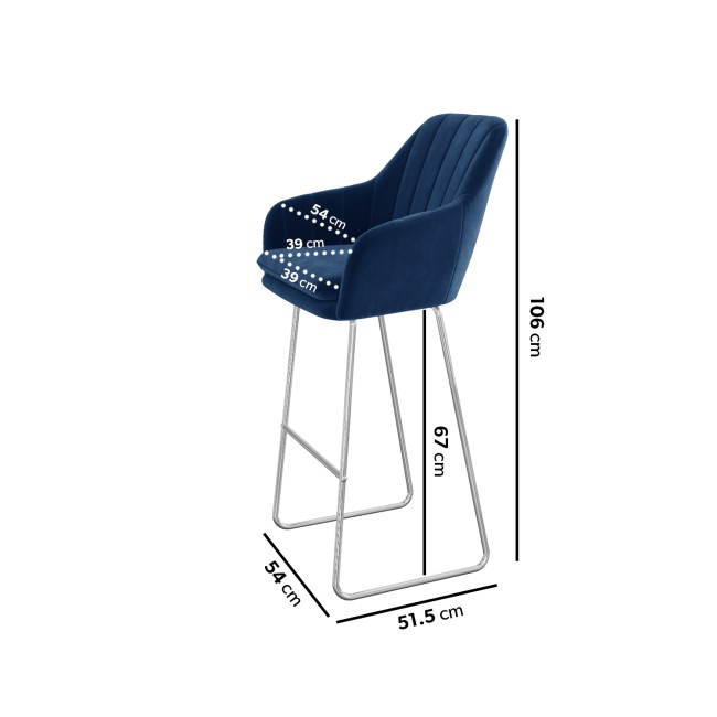 GRADE A2 - Navy Velvet Bar Stool with Arms - 67cm - Logan