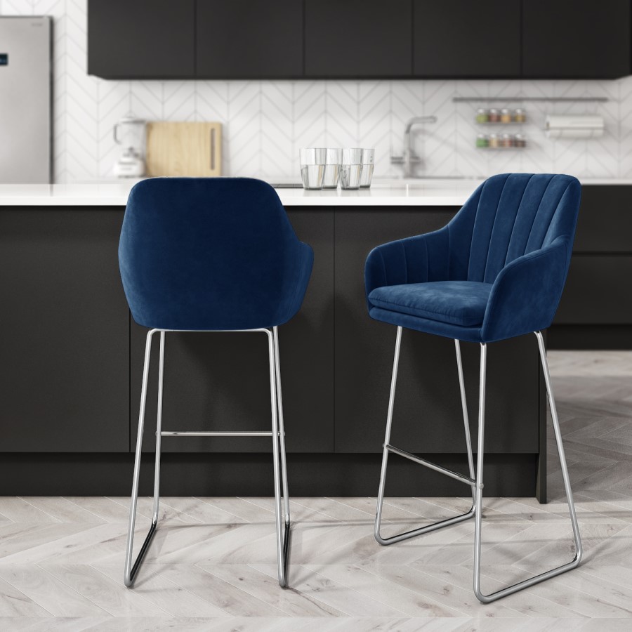 GRADE A2 - Navy Blue Velvet Bar Stool with Arms - Logan