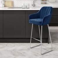 GRADE A2 - Navy Blue Velvet Bar Stool with Arms - Logan
