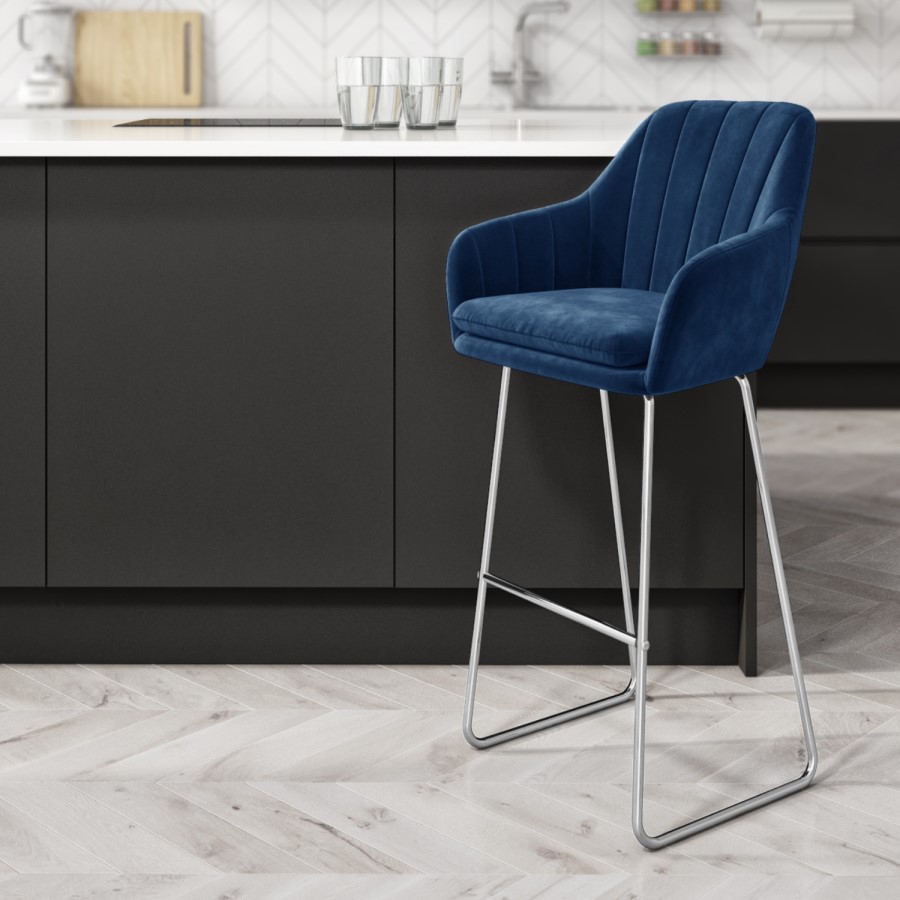 GRADE A2 - Navy Blue Velvet Bar Stool with Arms - Logan
