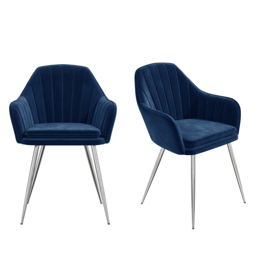 Set of 2 Navy Blue Velvet Dining Tub Chairs with Chrome Legs Logan