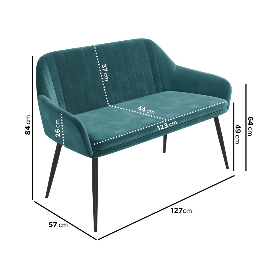 Teal Velvet  Dining Bench with Back - Seats 2 - Logan