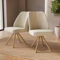 Set of 2 Beige Upholstered Swivel Dining Chairs with Oak Effect Legs - Logan