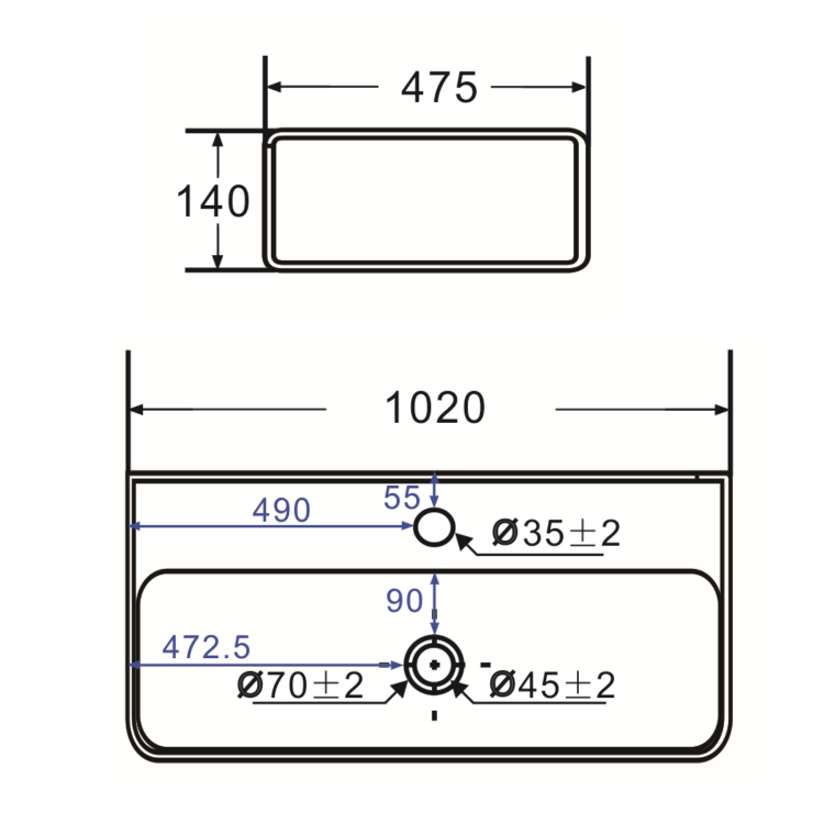 White Rectangular Wall Hung Basin 1020mm - Logan