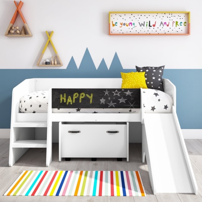 White Cabin Bed with Slide and Storage Box - Loki