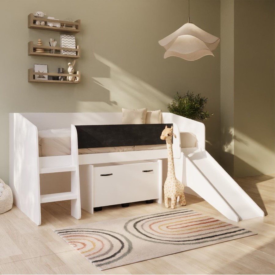 White Cabin Bed with Slide and Storage Box - Loki
