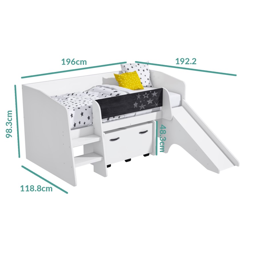 White Cabin Bed with Slide and Storage Box - Loki
