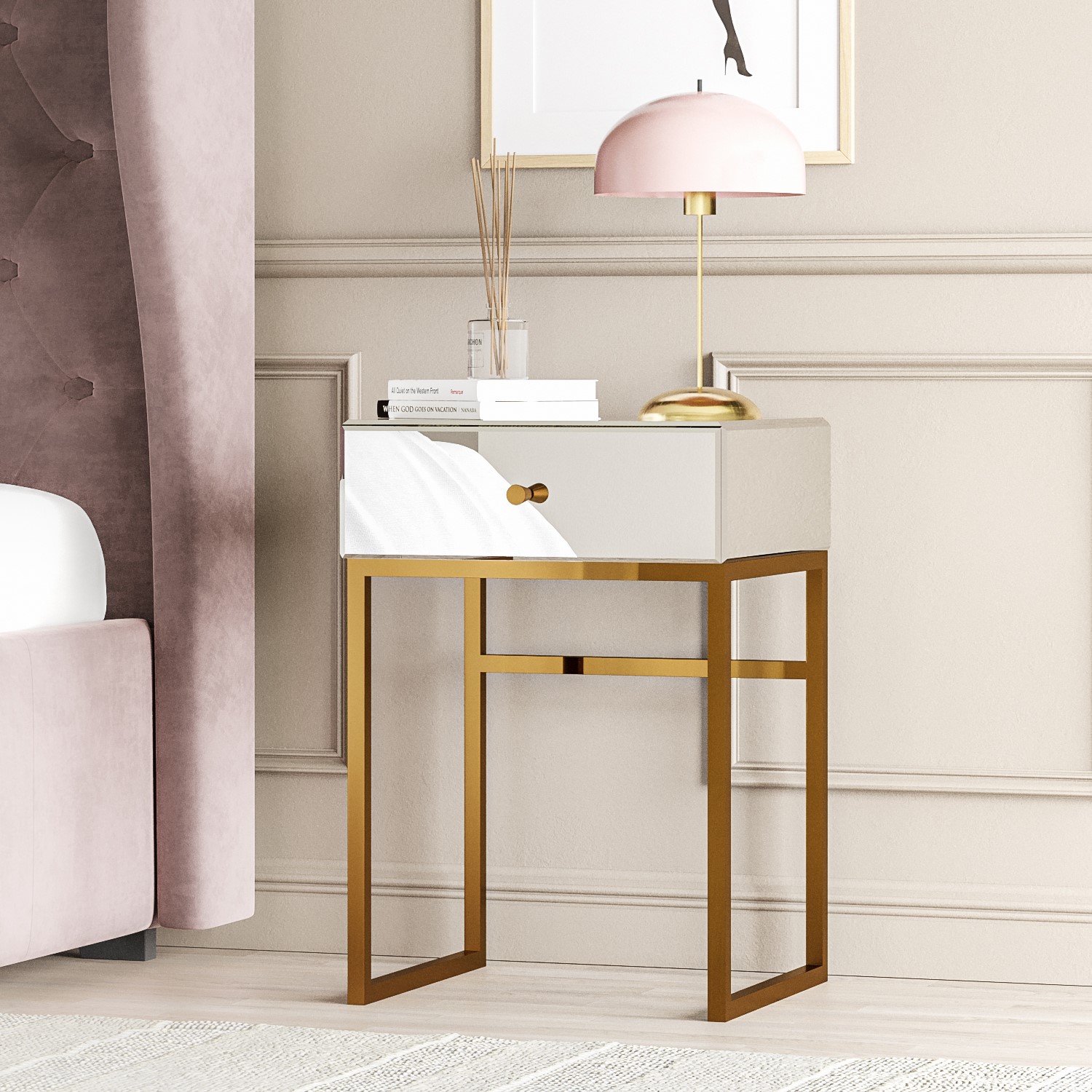 Lola Mirrored Single Drawer Bedside Table With Rose Gold Legs Furniture123 Lola Mirrored Single Drawer Bedside Table With Rose Gold Legs Furniture123