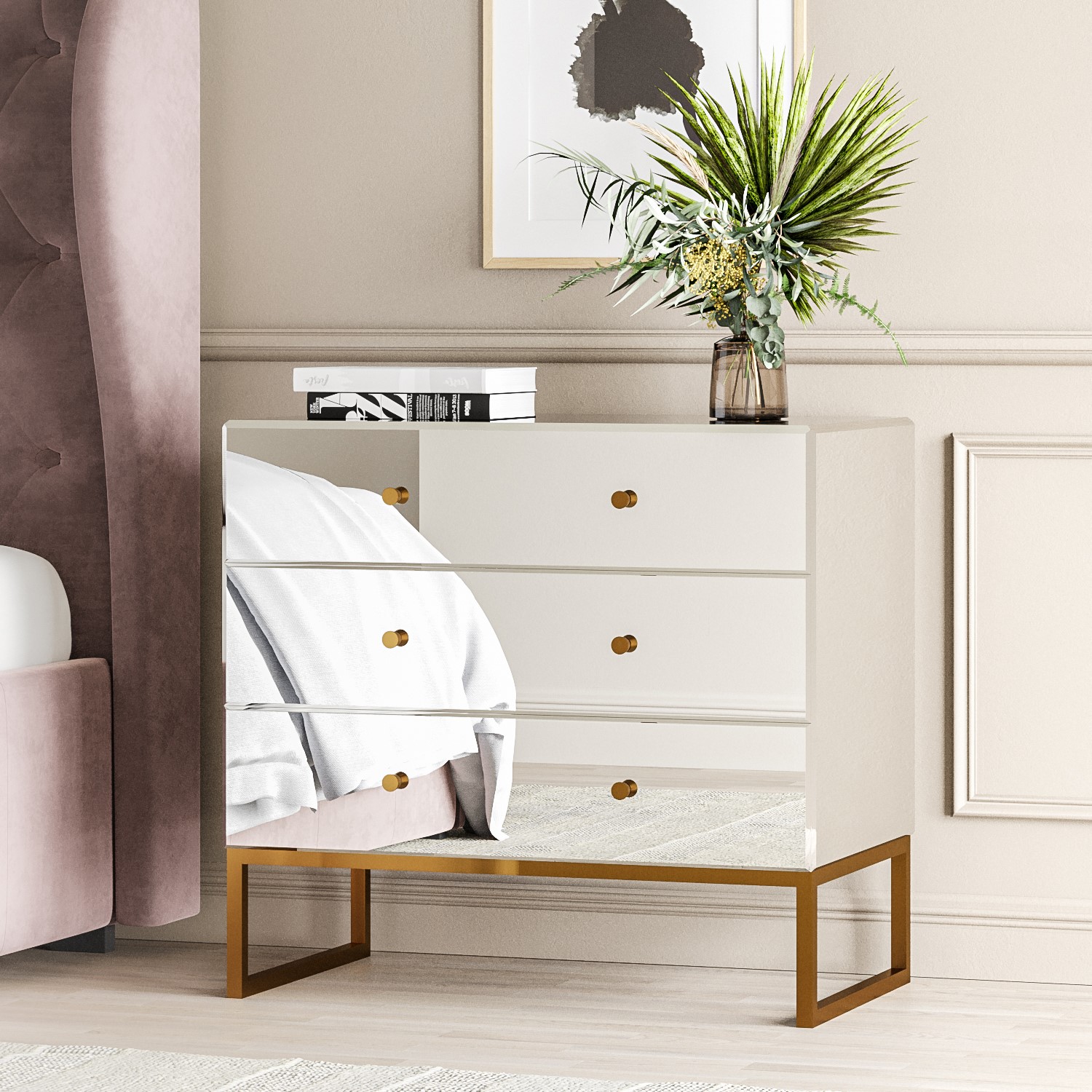 Lola Mirrored 3 Drawer Chest Of Drawers With Rose Gold Legs