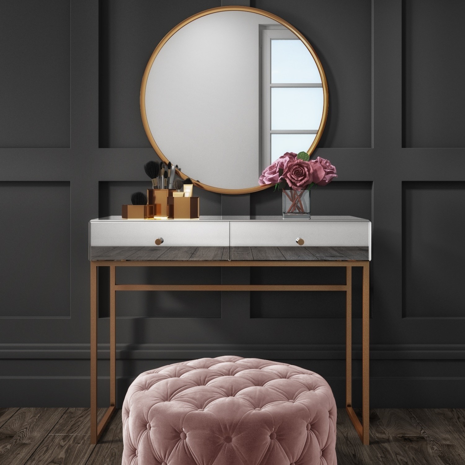 GRADE A2 - Lola Mirrored 2 Drawer Dressing Table with Rose Gold Legs - Furniture123 GRADE A2 - Lola Mirrored 2 Drawer Dressing Table with Rose Gold Legs - Furniture123