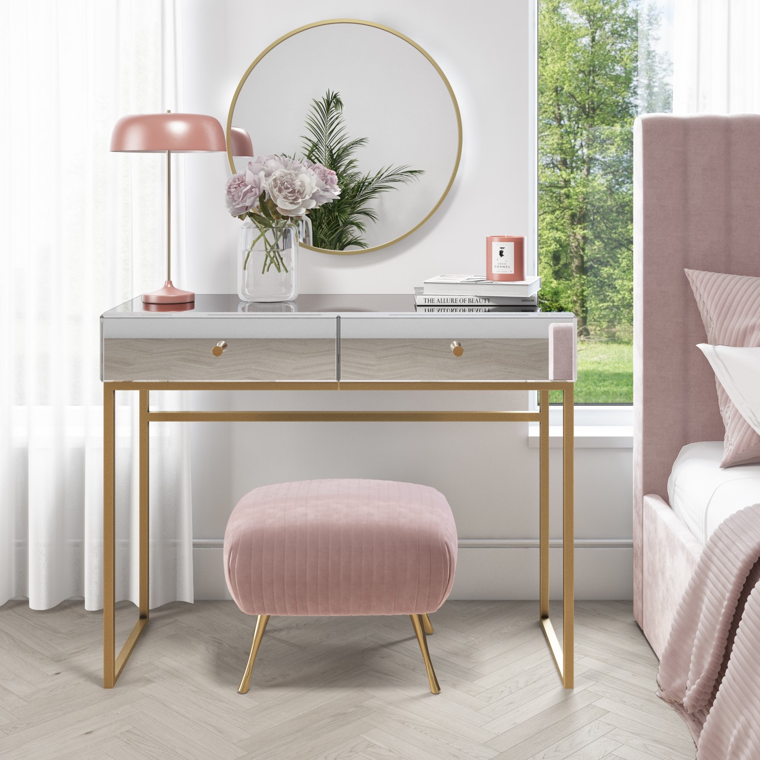 white and rose gold dressing table Teousev Modern White and Rose Gold Vanity Desk Set with Stool, 2 Drawers Chic Makeup Table for Bedroom