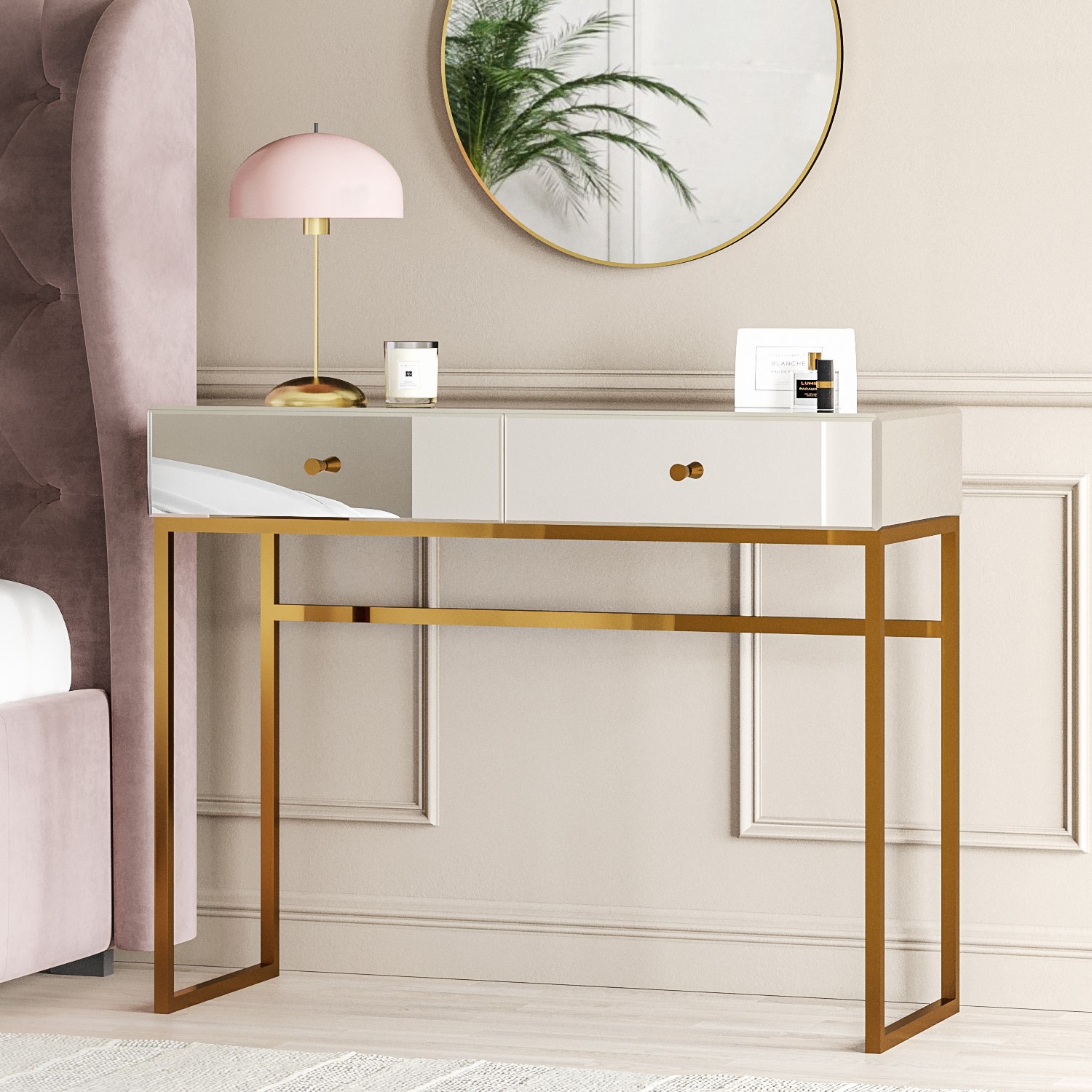 Lola Mirrored 2 Drawer Dressing Table with Rose Gold Legs