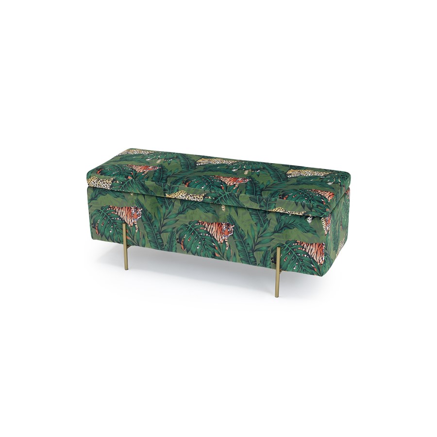 Green Leaf Print Velvet Ottoman Blanket Box - Lola - LPD