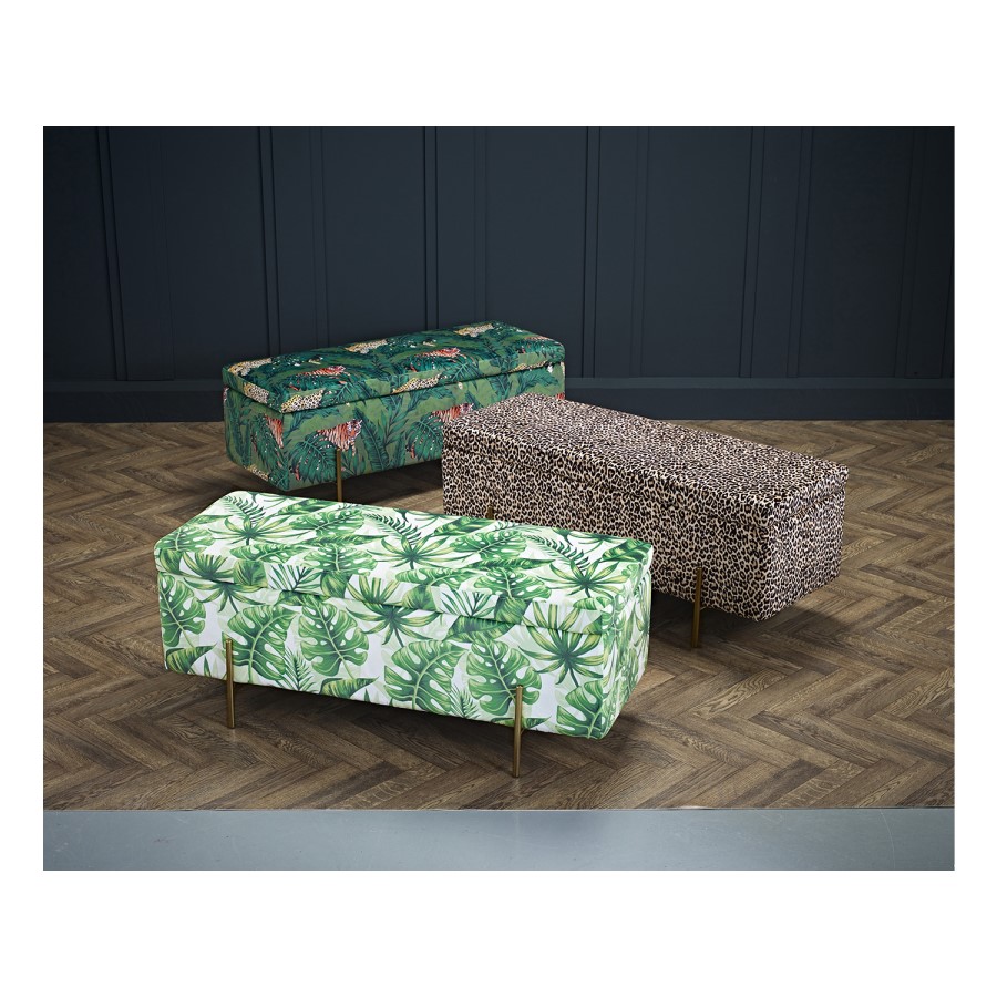 Green Leaf Print Velvet Ottoman Blanket Box - Lola - LPD