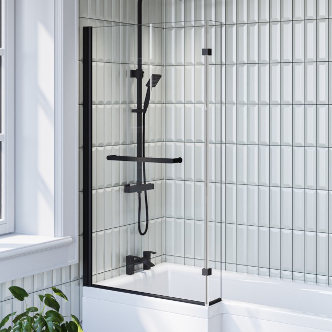 Lomax L Shape 1450mm 6mm Matt Black Bath Screen with Towel Rail