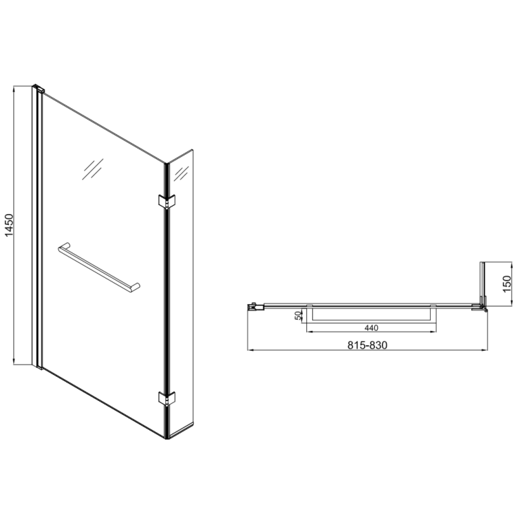 Lomax L Shape 1450mm 6mm Matt Black Bath Screen with Towel Rail