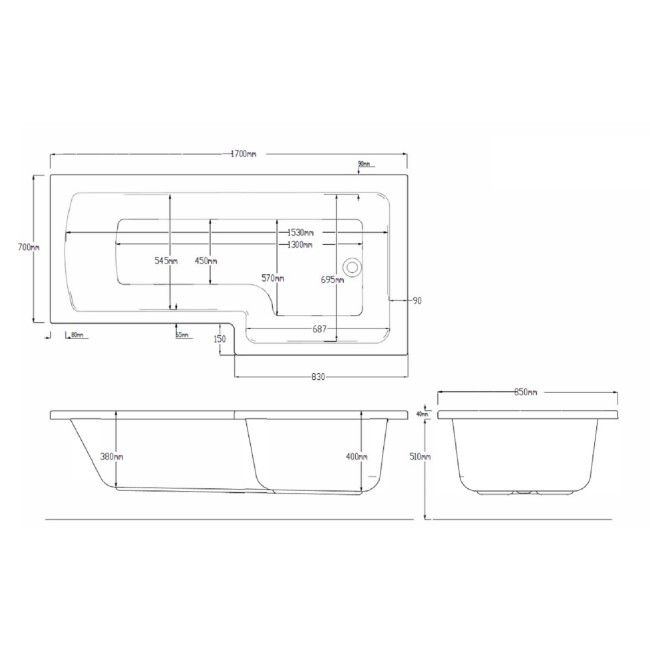 L Shape Whirlpool Spa Shower Bath Right Hand 1700 x 850mm - Lomax