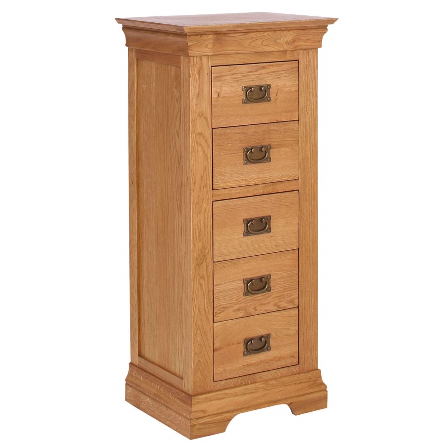 GRADE A3 - Loire Oak Farmhouse 5 Drawer Tall Boy Chest