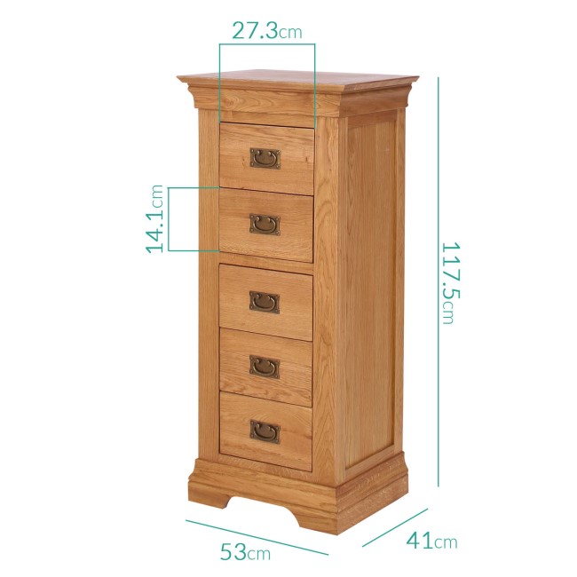 Loire Oak Farmhouse 5 Drawer Tall Boy Chest of Drawers