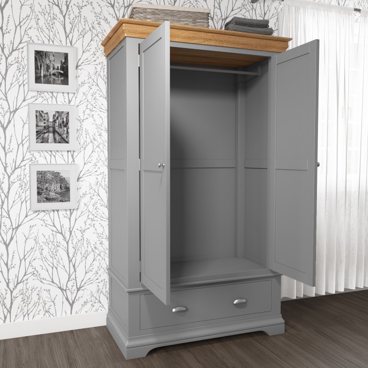 Loire Grey Soild Oak Double Wardrobe with Storage Drawer