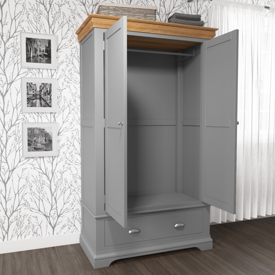 GRADE A1 - Loire Grey Soild Oak Double Wardrobe with Drawer