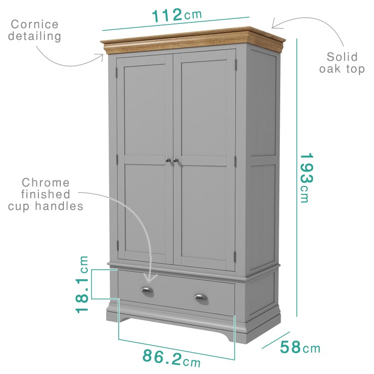 Loire Grey Soild Oak Double Wardrobe with Storage Drawer