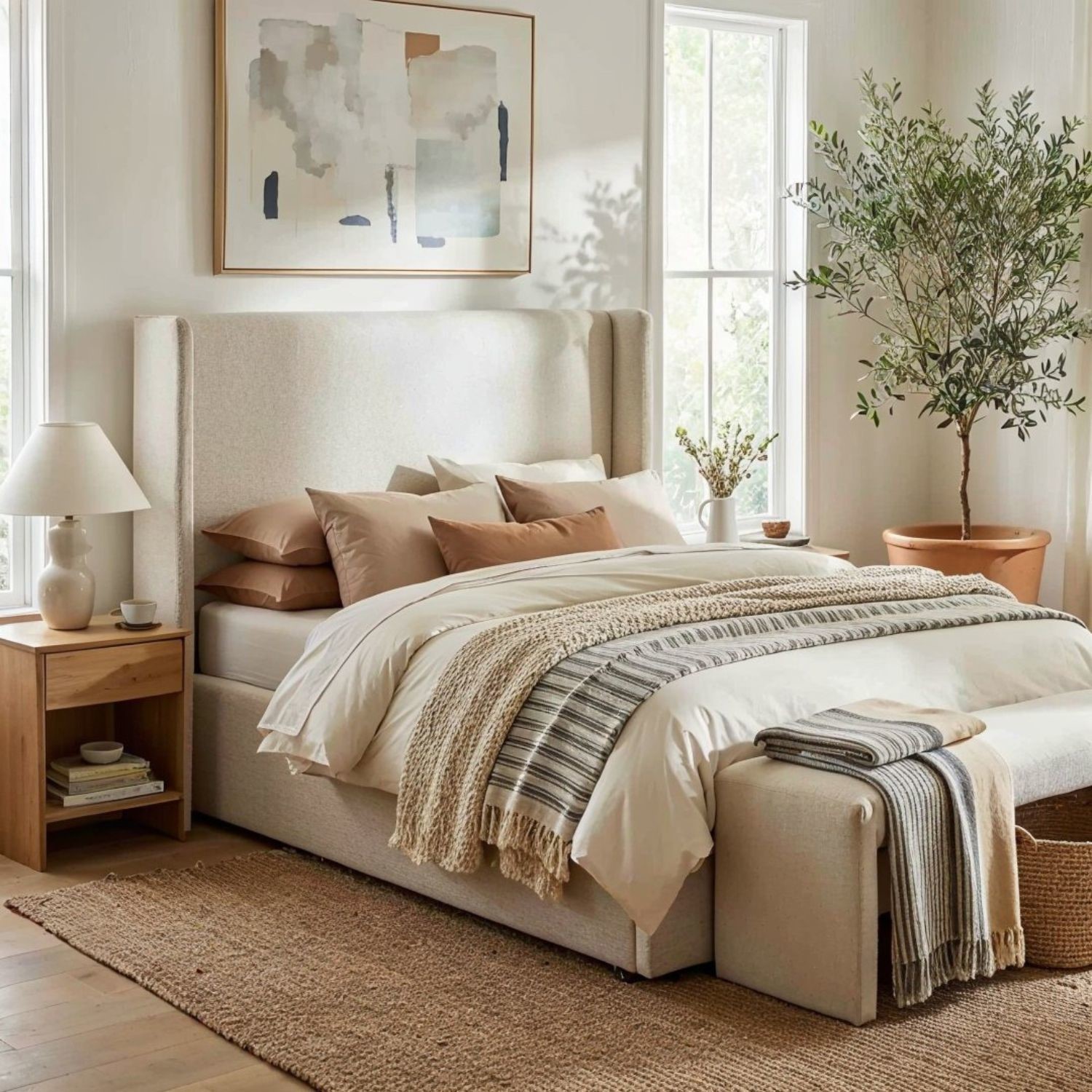 Fabric Double Ottoman Bed Winged Headboard